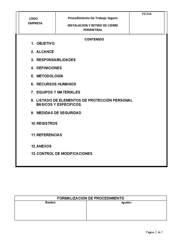 Procedimiento Pts Instalacion y Retiro de Cierre Perimetral | PDF ...