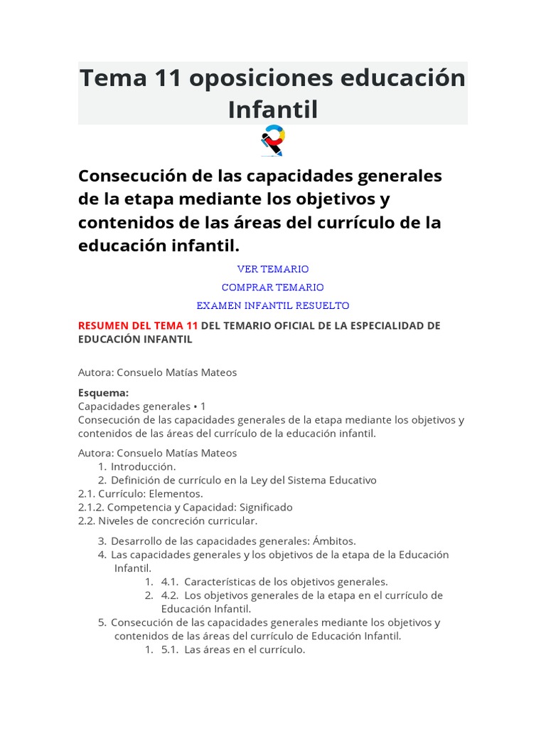 Tema 11 Oposiciones Educación Infantil | PDF | Plan de estudios ...