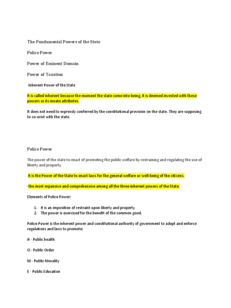 Inherent Powers of the Philippine State | PDF | Eminent Domain | Taxes