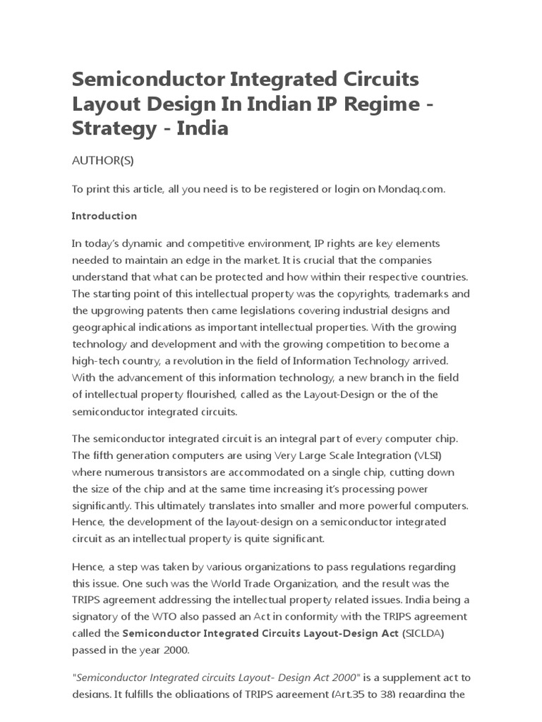 1 Semiconductor Integrated Circuits Layout Design in Indian IP Regime