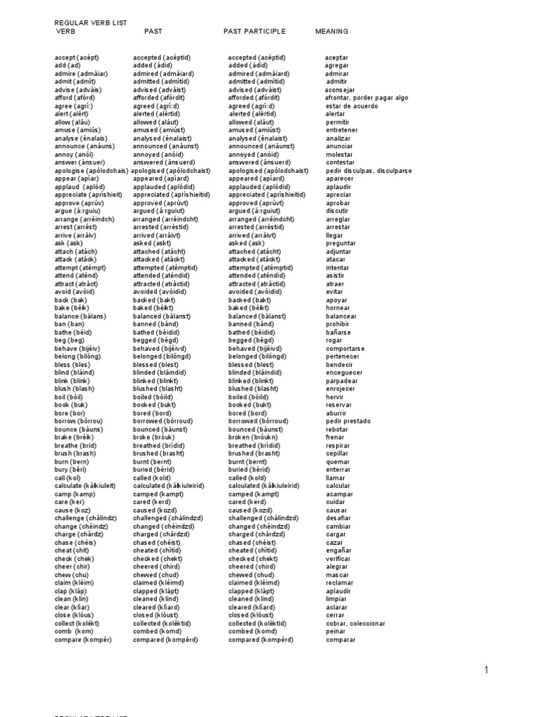 Regular verbs list