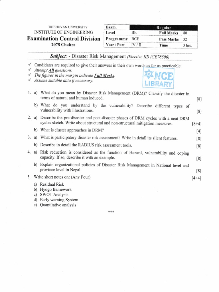 Disaster Risk Management Exam Questions | PDF | Emergency Management | Risk