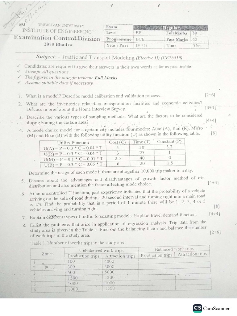 Traffic and transport modelling elective iii ioe bce past questions