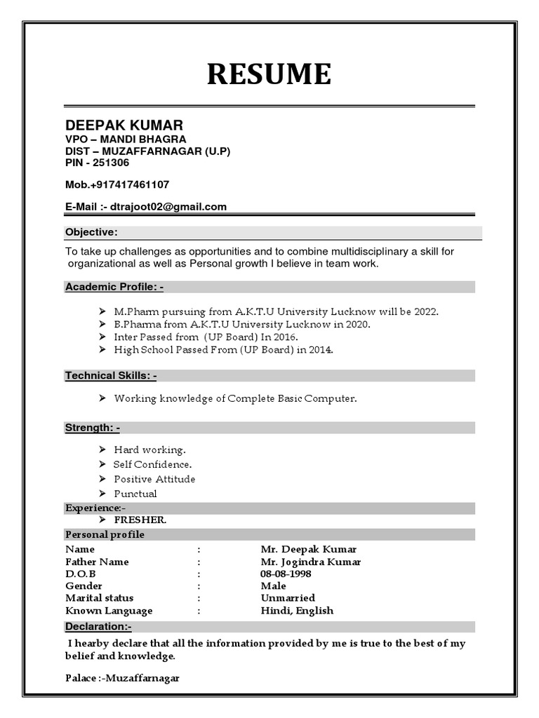 Deepak Kumar Resume - M.Pharm Graduate | PDF