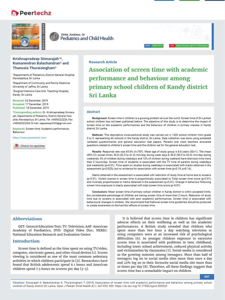 Association of Screen Time With Academic Performance and Behaviour ...