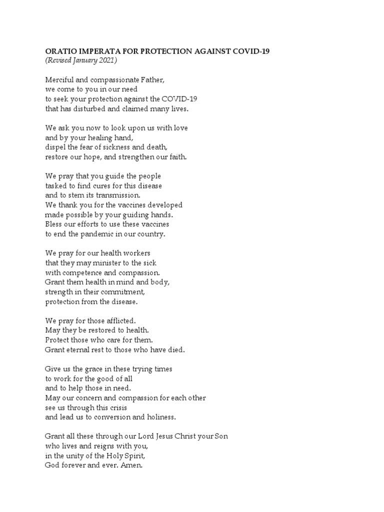 Oratio Imperata for COVID-19 Protection | PDF