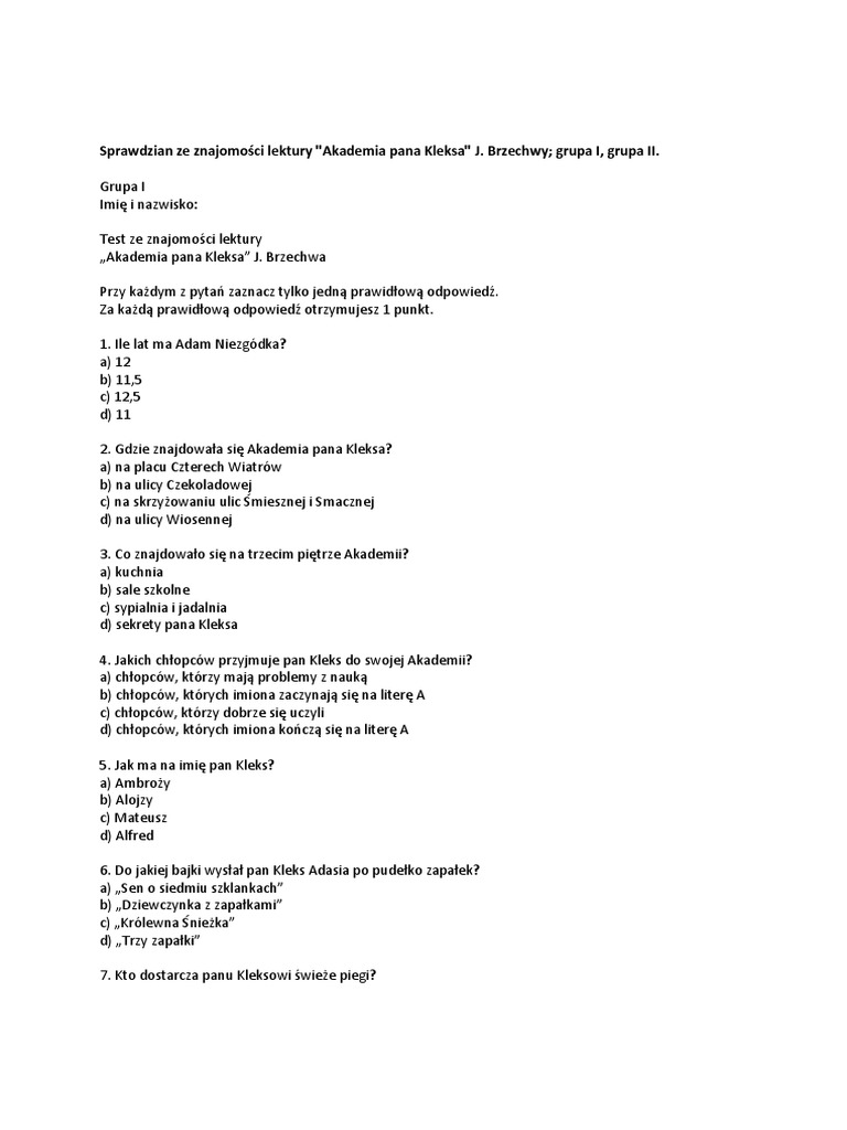 Test Z Akademii Pana Kleksa Testy Akademia Pana Kleksa | PDF