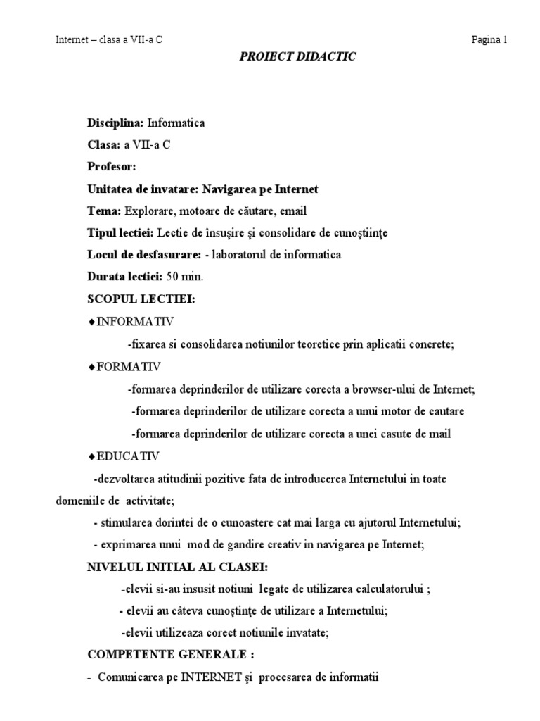 PROIECT DIDACTIC+internet | PDF