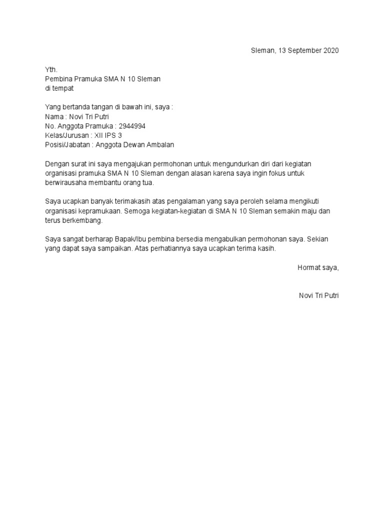 Surat Pengunduran Diri Dari Pramuka | PDF