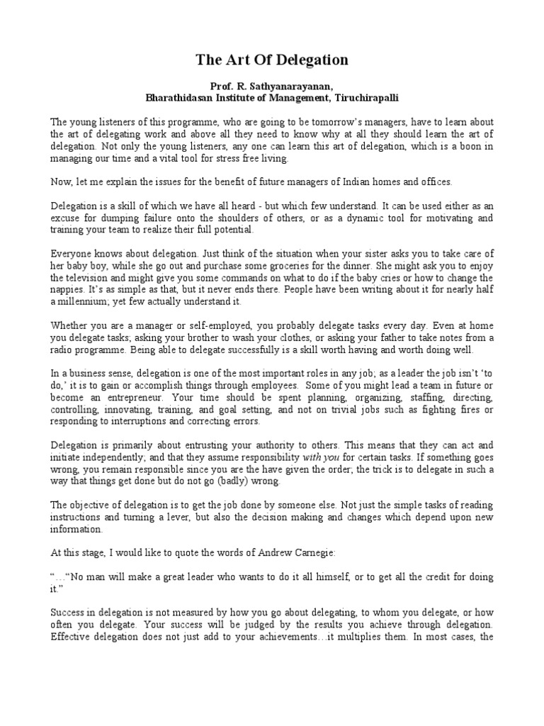 The Art Of Delegation Prof R Sathyanarayanan Bharathidasan