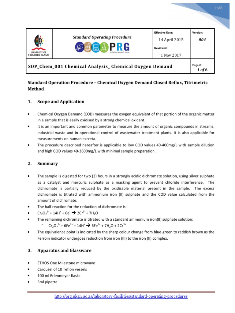 Closed Reflux COD Analysis SOP | PDF | Chemistry | Physical Sciences