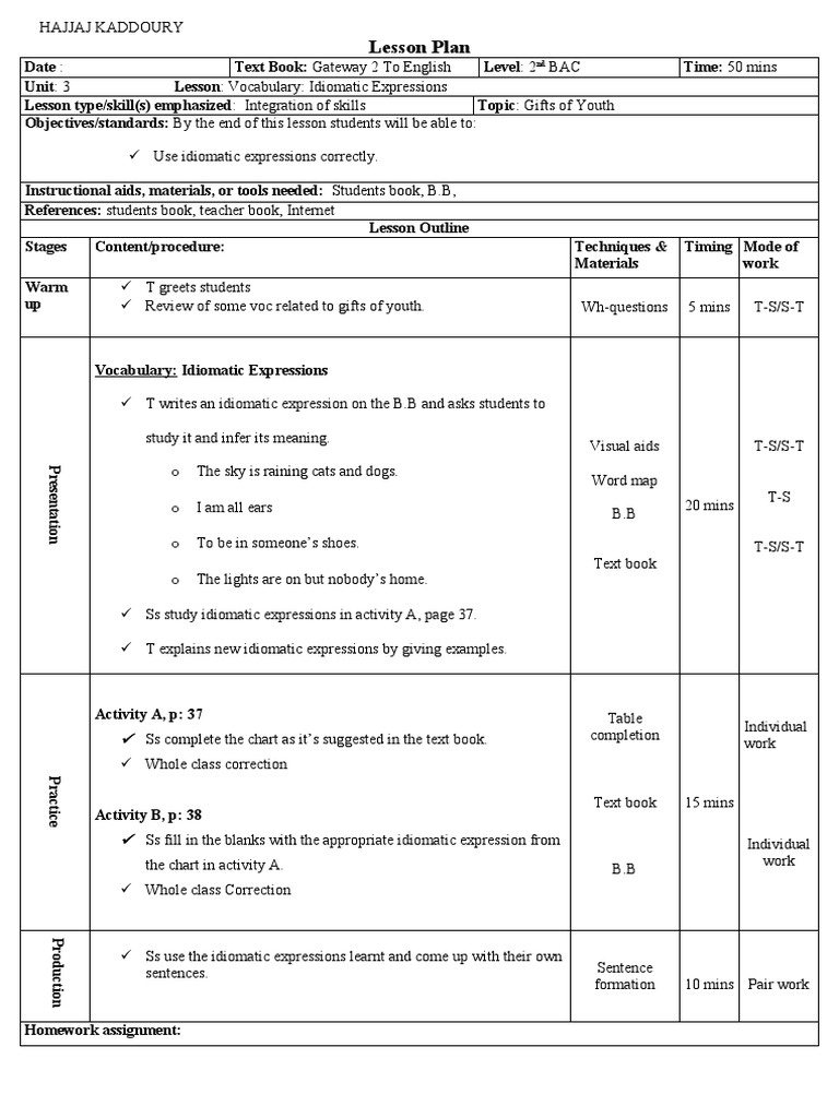 Idiomatic Expressions Lesson Plan | PDF | Books | Lesson Plan