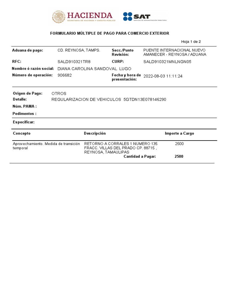 Formulario de pago para regularización de vehículos en Aduanas de ...
