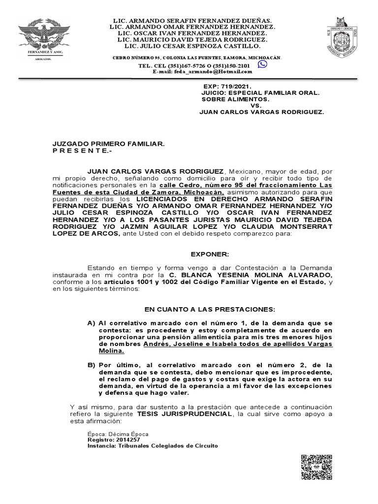 CONTESTACIÓN DE DEMANDA FAMILIAR SR. VARGAS | PDF