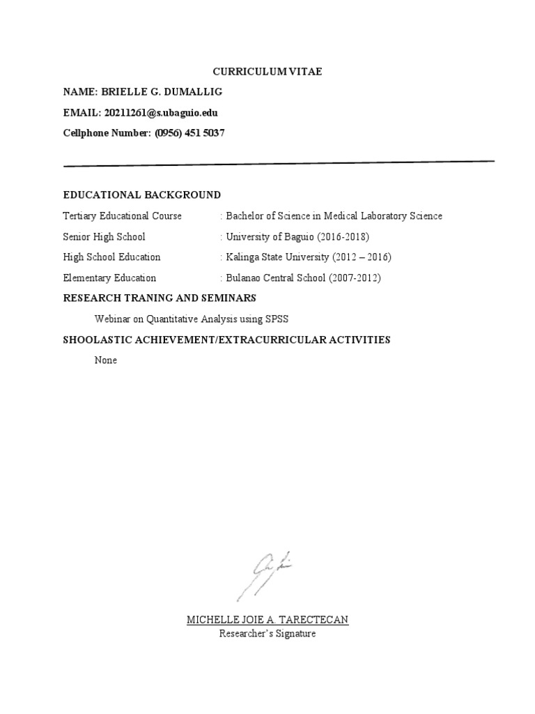 Brielle Dumallig CV: Medical Lab Science | PDF | Social Science | Wellness