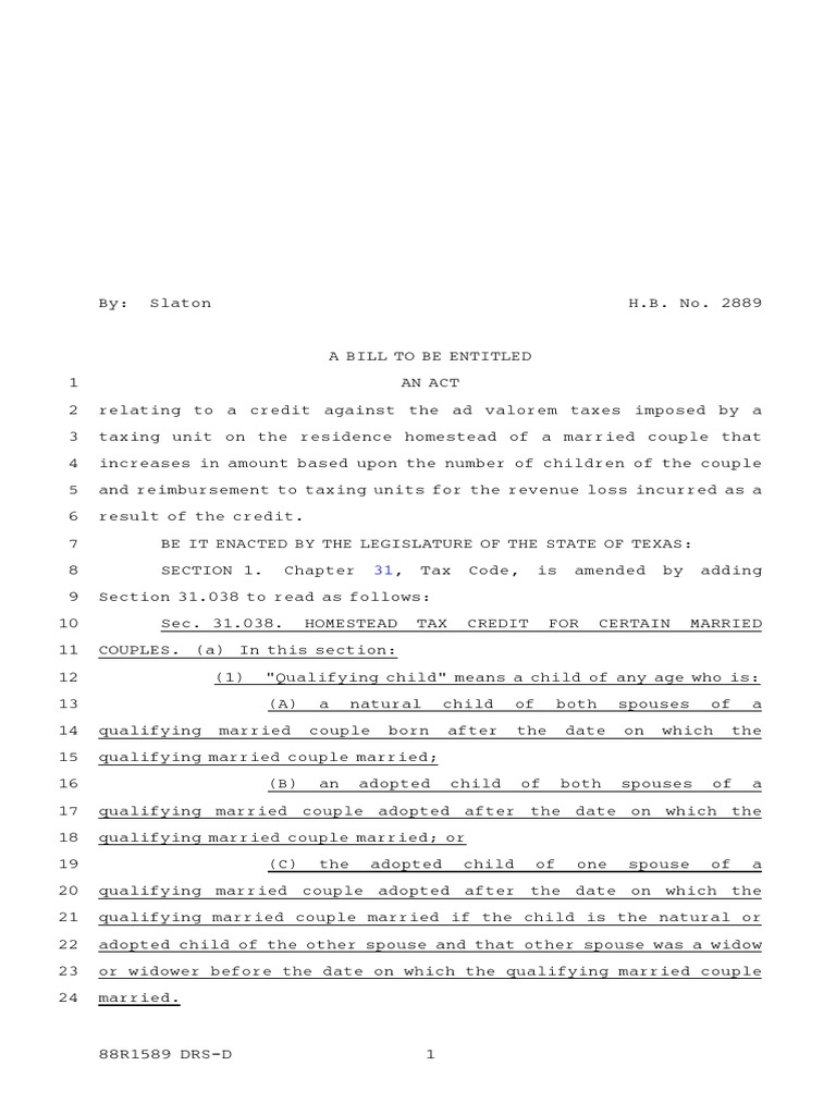 Texas HB 2889 PDF Taxes Marriage