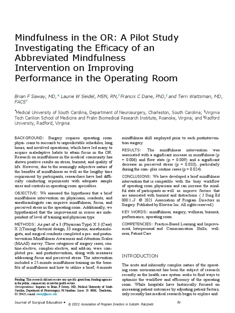 Mindfulness in The OR A Pilot Study Investigating The Effi - 2021 ...