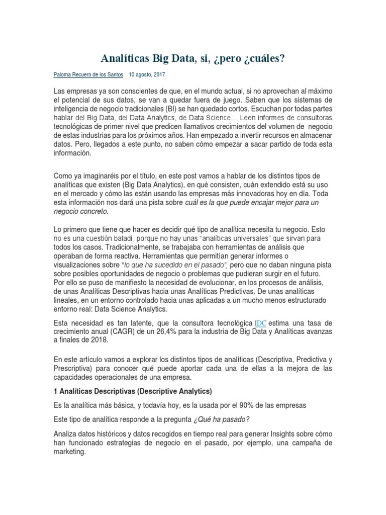Tipos de Analítica de Datos en Big Data | PDF | Big Data