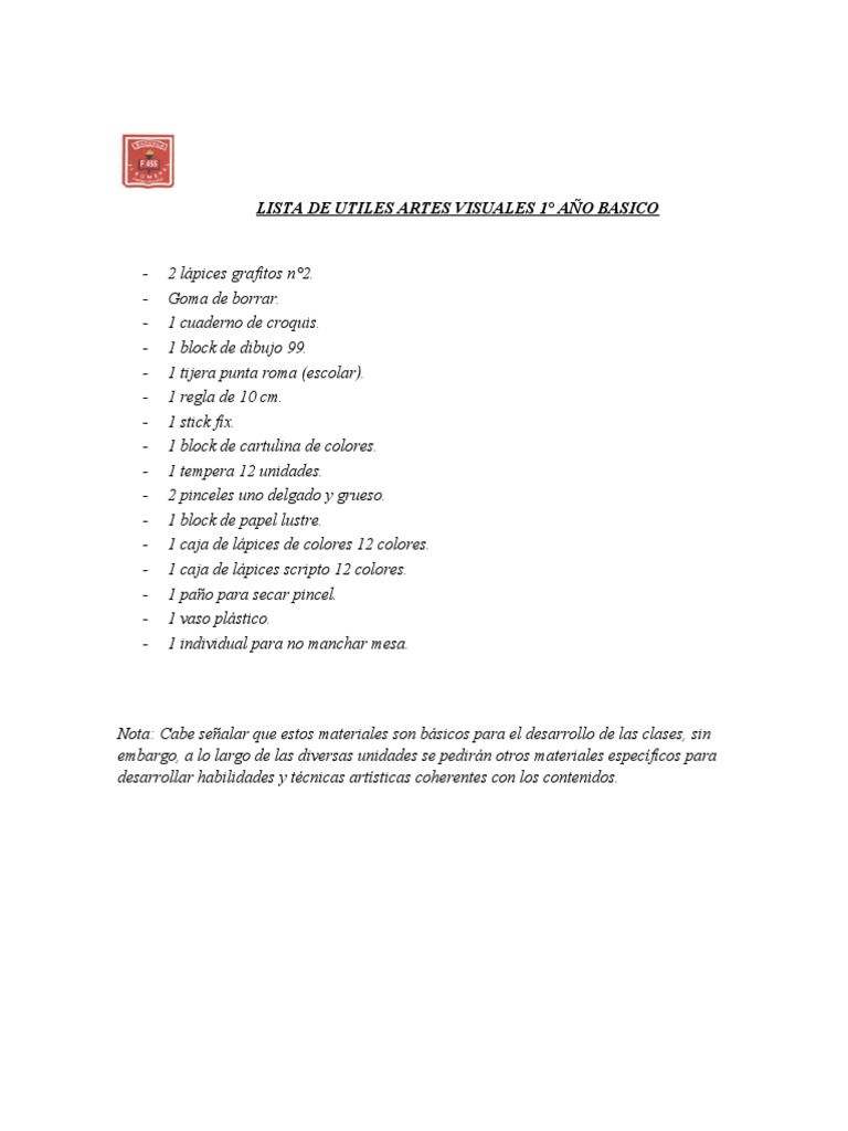 LISTA DE UTILES ARTES VISUALES 1° Año Basico 2023 | PDF