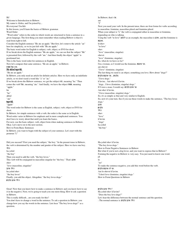 Hebrew Basics: Grammar & Phrases | PDF | Grammatical Gender | Verb