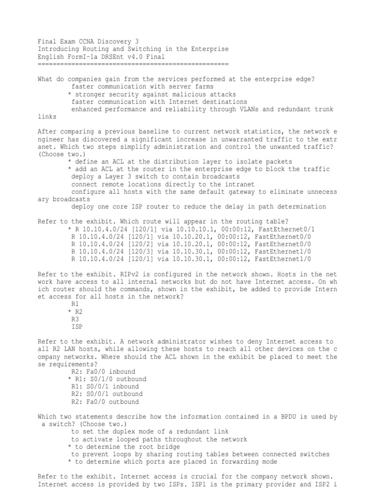 CCNA Discovery 3 Final Exam Overview | PDF | Computer Network | Router ...