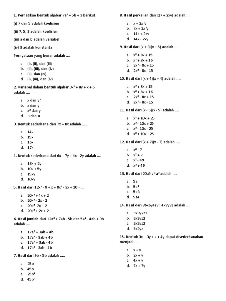 Soal Aljabar Kelas 7 dan 8 | PDF