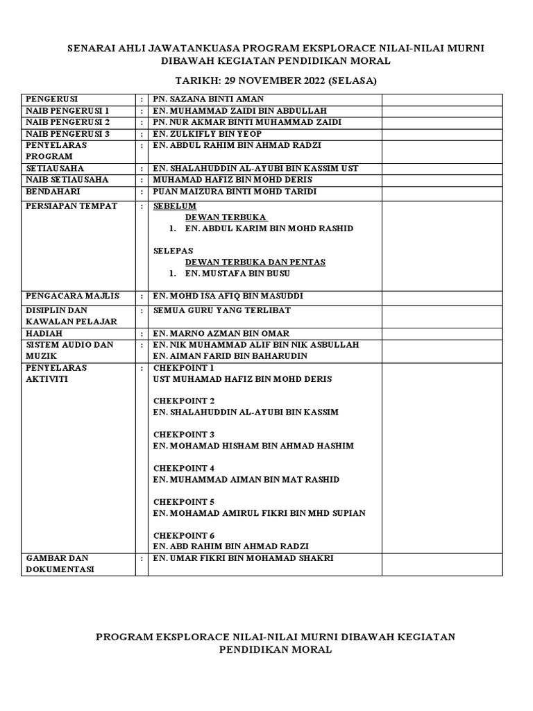 Senarai Ahli Jawatankuasa Program Eksplorace2022 | PDF