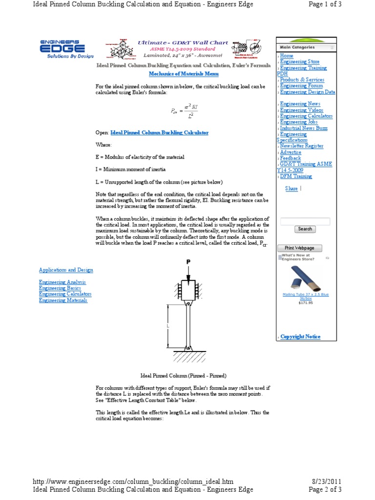 Ideal Pinned Column Buckling Equation and Calculation, Euler's Formula ...