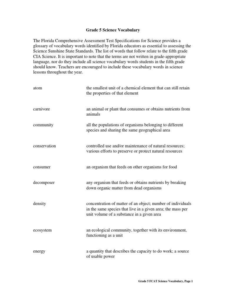 Grade 5 Science Vocabulary PDF Force Organisms