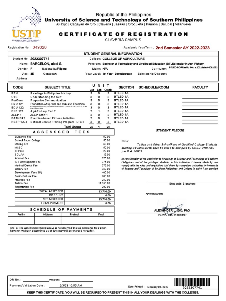 Student Actual Load Ustp | PDF | Fee