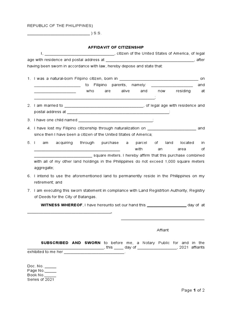Affidavit of Filipino Citizenship Sample | PDF