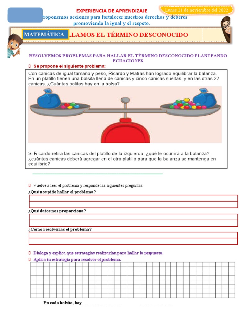 Hallando el Término Desconocido en Matemáticas | PDF | Ecuaciones | Balanza