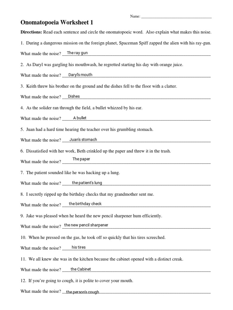Onomatopoeia Worksheet 1 | PDF