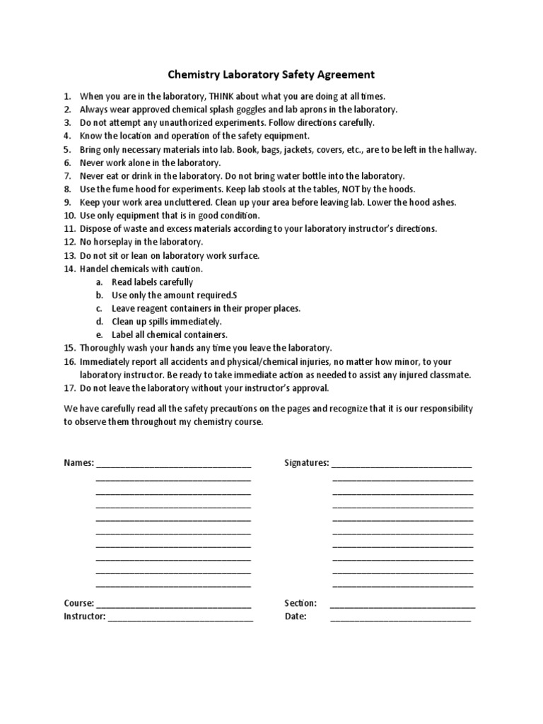 Chemistry Laboratory Safety Agreement PDF Laboratories