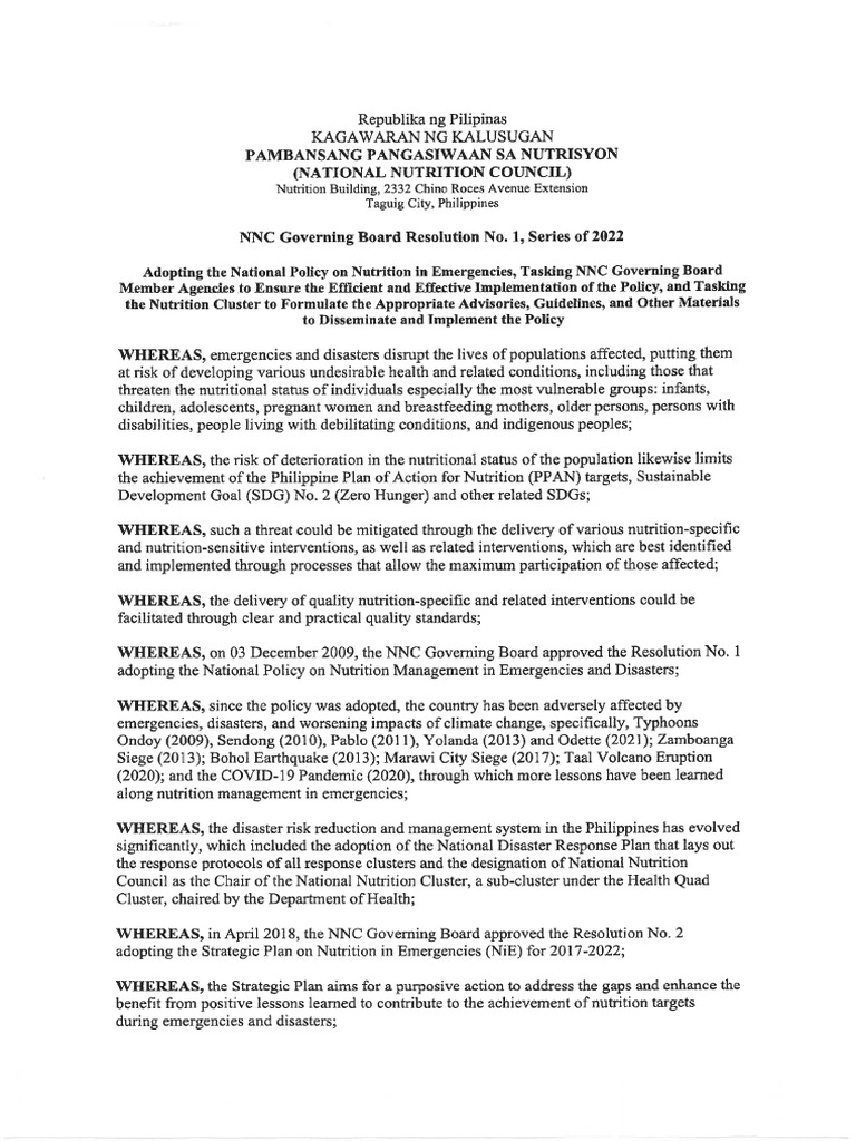 35 NNC GB Resolution No. 1 Series 2022 Adopting The National Policy On Nutrition in