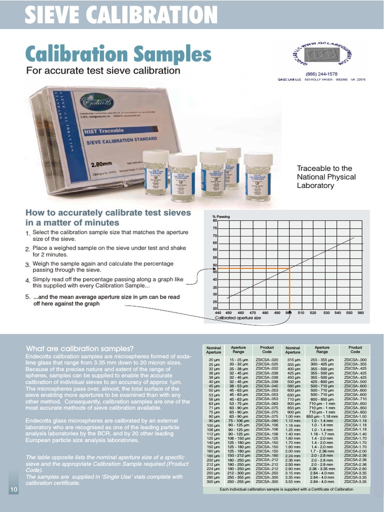 Sieve Calibration Beads 0610 Brochure Manual QC PDF Calibration Physical Sciences