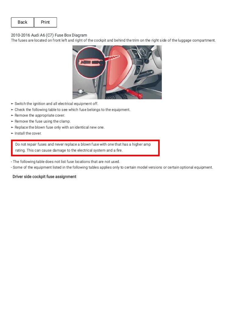 Print Version - 2010-2016 Audi A6 (C7) Fuse Box Diagram | Download Free