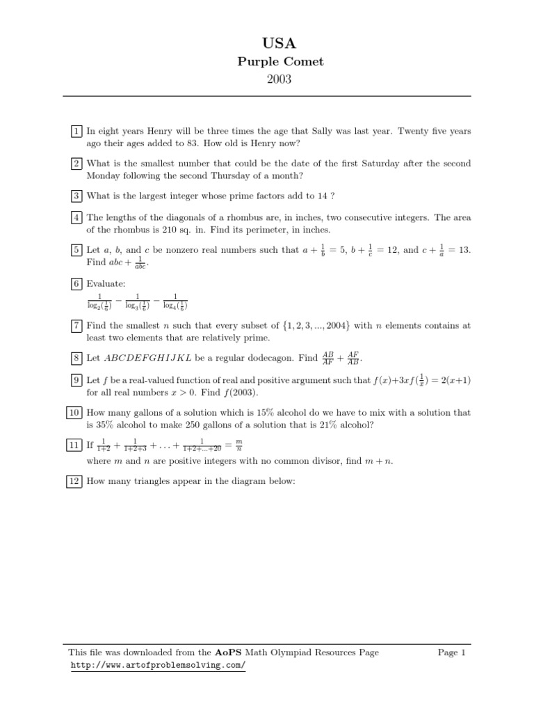Purple Comet Math Meet (2003-2012) | PDF | Triangle | Numbers