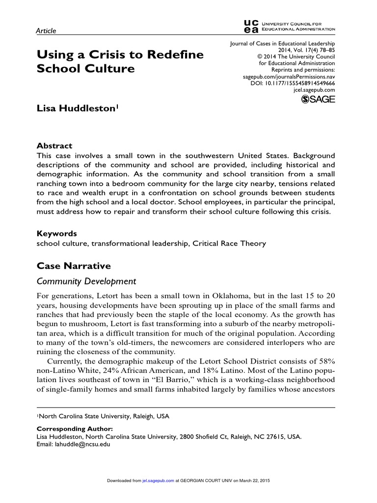 Huddleston2014 using a crisis to redefine school culture download