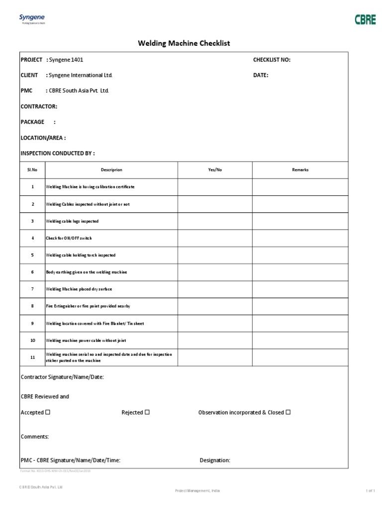 Welding Machine Inspection Checklist | PDF | Technology & Engineering
