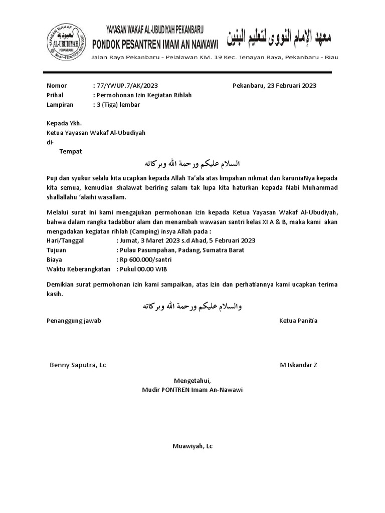 Surat Permohonan Izin Rihlah Santri | PDF