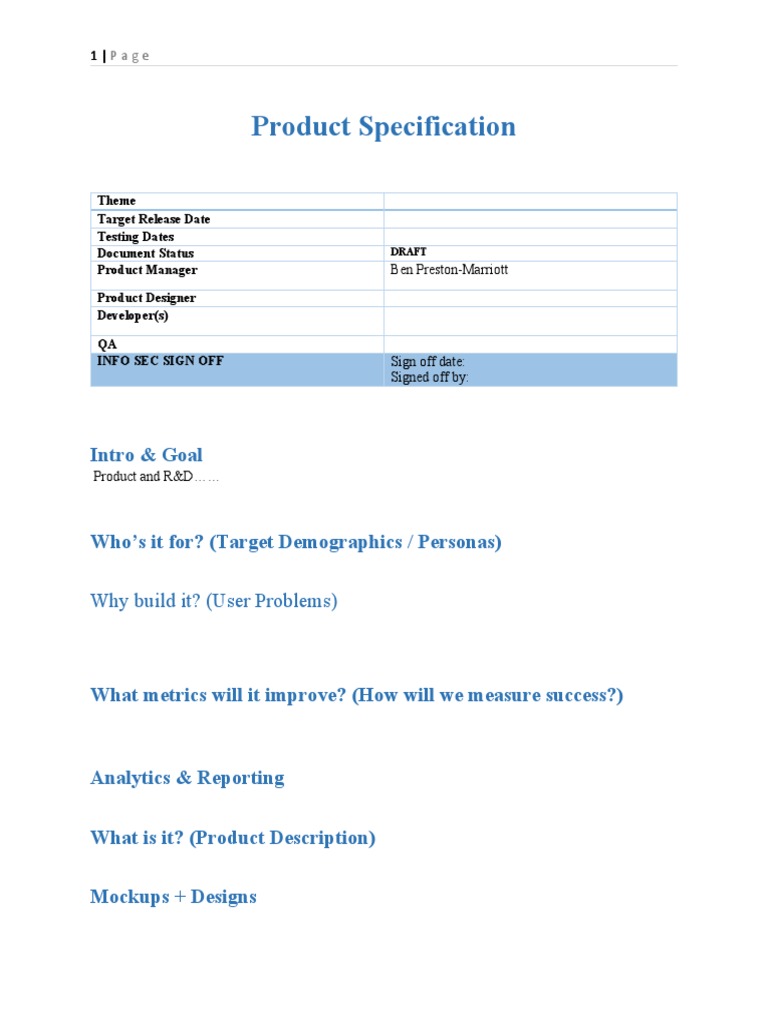Product Spec Template PDF Design Information Technology Management Product Spec Template PDF Design Information Technology Management