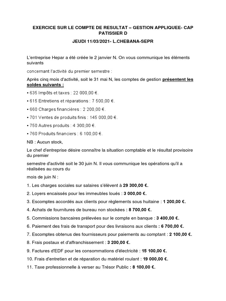 Exercice Sur Le Compte de Resultat Cap Patissier Groupe D 11 03 2021 Download grátis PDF