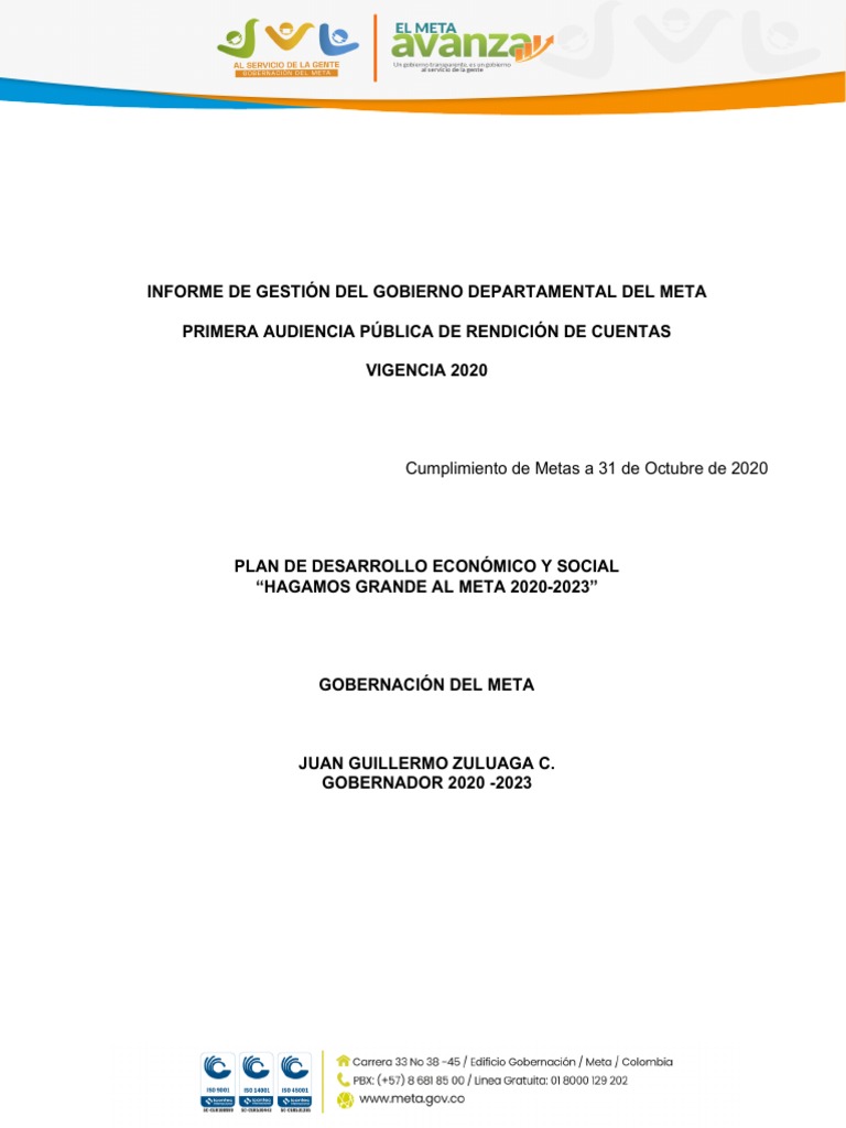 Informe de Gestión Gobernación Meta 2020 | PDF | Administración Pública ...
