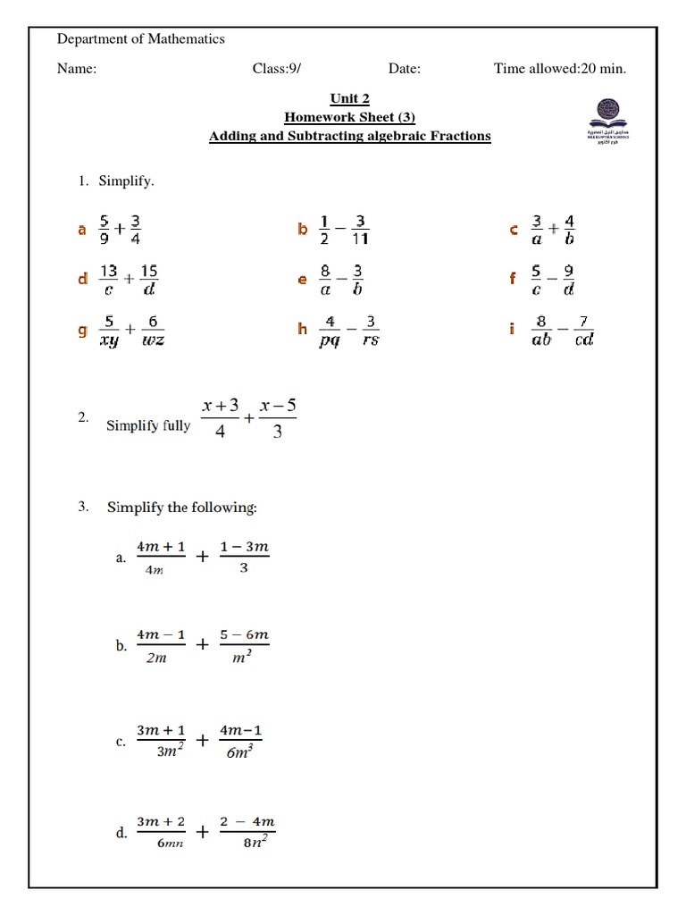 Homework Sheet (3) Algebraic Fractions | PDF