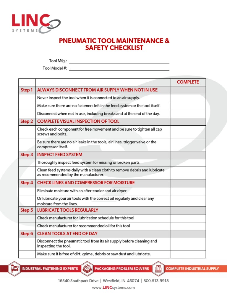 Pneumatic Tool Maintenance Checklist Pdf