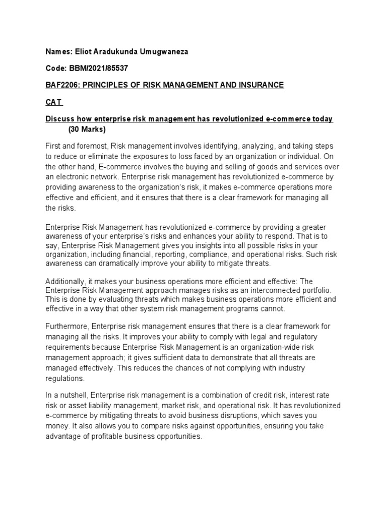 Principles of Risk and Insurance Cat 1 - Eliot Aradukunda | PDF | Business