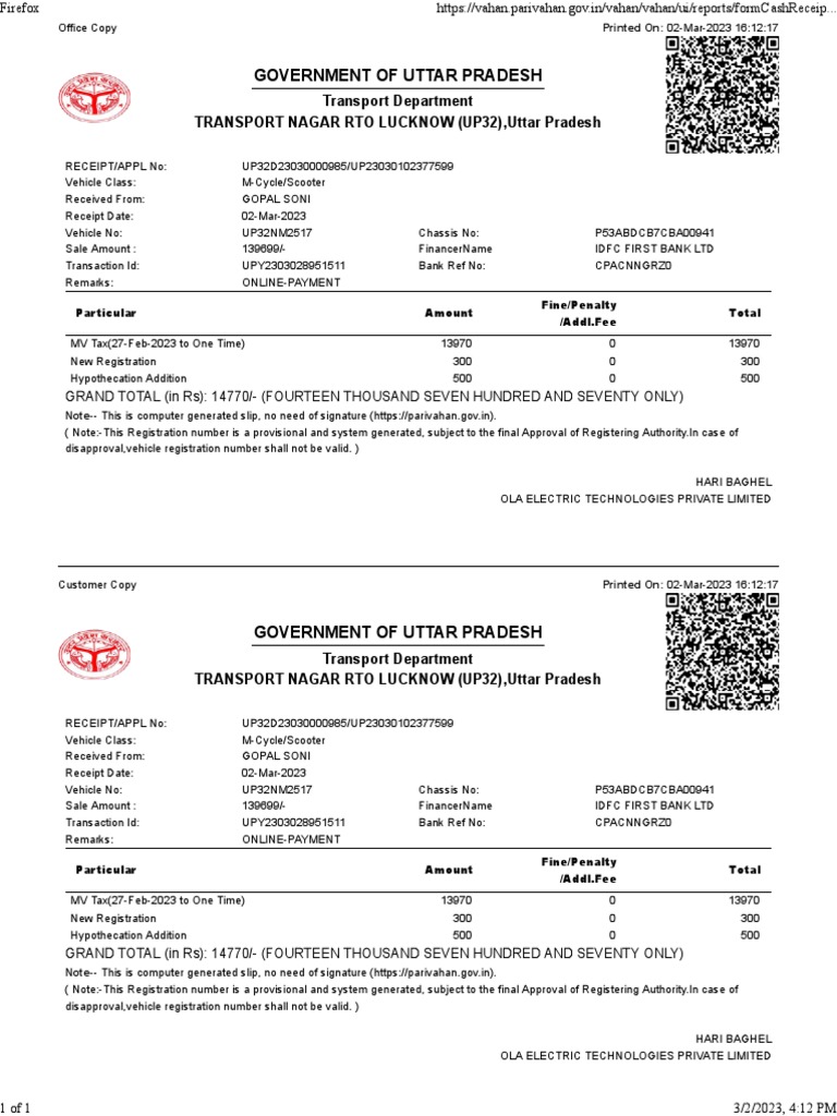 Online Vehicle Registration Receipt in Uttar Pradesh | PDF