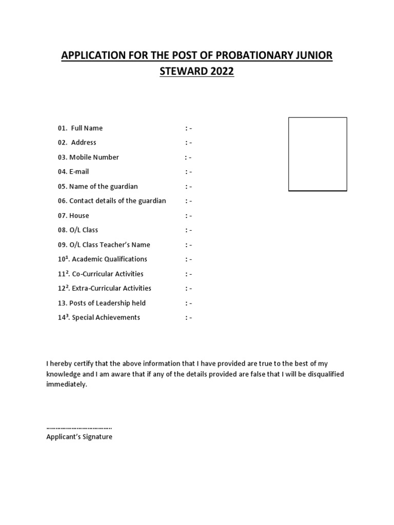 Application For Post of Junior Steward 2022 | PDF | Business