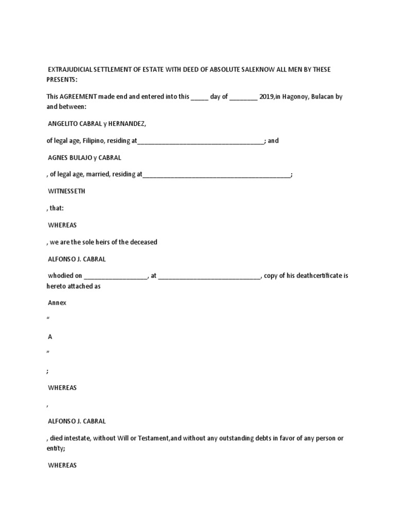 Agreement for the Extrajudicial Settlement of Estate and Sale of